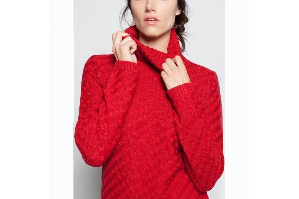 Red High / Funnel Neck Jacquard Knit Sweater 50 Wool 50 Acrylic Material