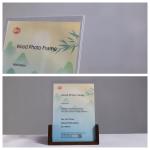 Vertically Oriented Top Insert Tabletop Acrylic Photo Frame With Wood Base for sale