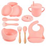 9pcs Rabbit Baby Silicone Feeding Set Pink Silicone Bib And Bowl Set for sale