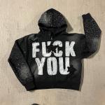 Customizable Distressed Applique Embroidery Hoodie Rhinestone Zip Hoodie O Neck for sale