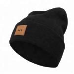 Comfortable Plain Knit Beanie Hats With Leather Patch Customized Size / Color for sale