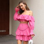 Flounce Sleeve Cold Shoulder Crop Tops Classy High Waist Tiered Mini Skirt for sale