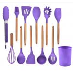 12-Piece Silicone Cooking Kitchen Utensil Set With Stand-Wooden Handle Silicone for sale