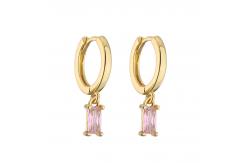 China Gold Plated 18K Hoop Earrings Rectangle Water Drop Pink Zircon Diamond Pendant supplier