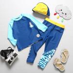Three Piece Boys Swimwear Sets Printed Blue Boy Bathing Suit