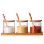 Glass Condiment Seasoning Containers Bulk Reusable Spice Jars With Wooden Lid Spoon for sale