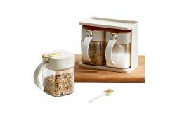 China Durable 2 Grids Clear  Condiments Glass Container Pots Set With Handle And Spoon supplier