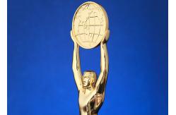China Engraved Custom Metal Trophies Man Figure Holding World Map By 3D Printing supplier