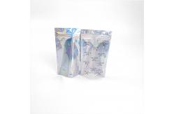 China Shinny Glossy Hologram Cosmetic Packaging Bag Biodegradable With Transparent Front supplier