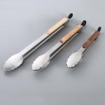 Heat Resistant Kitchen Food Tongs Stainless Steel Wood Handle Barbecue Food Clip for sale