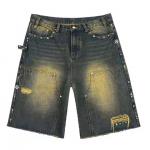 Custom Distressed Men's Baggy Denim Jorts Vintage Distressed Washed High Waist Rhinestones Skate Shorts High Heavy Quality Jorts for sale