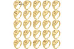 China Adjustable Rhinestone Diamond Initial Ring , Chunky Zircon Gold Plated Letter Ring supplier