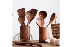 China 8Pcs Nonstick Teak Wood Spoons Spatula With Holder Wooden Kitchen Utensil Set supplier