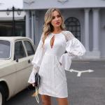 Breathable Ladies Lace Dresses Turtleneck Lantern Sleeve Dress for sale
