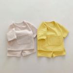 Custom Toddlers Waffle Fabric 2Pcs Cotton Embroidery T Shirts Set Summer Loungewear for sale