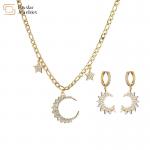 Gold Plated Diamond Star Moon Pendant Hoop Earrings Cuban Link Necklace Set
