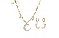 China Gold Plated Diamond Star Moon Pendant Hoop Earrings Cuban Link Necklace Set supplier