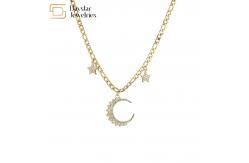 China Gold Plated Diamond Star Moon Pendant Hoop Earrings Cuban Link Necklace Set supplier