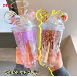 Straw Cup Summer Ice Cream Cup Transparent Double-Layer Plastic Water Cup for sale