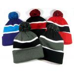 Black And White Strips Knit Pom Pom Beanie For Adults Embroidery Logo Founded for sale