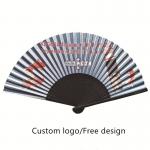 Sublimation Blanks Folded Polyester Bamboo Fans Bamboo Fabric Folding Hand Fan Clacking Folding Hand Fan for sale