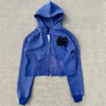 Zip Up Acid Wash Hoodies Distressed Embroidery Applique Custom French Terry Crop Top