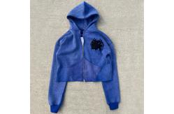 China Zip Up Acid Wash Hoodies Distressed Embroidery Applique Custom French Terry Crop Top supplier