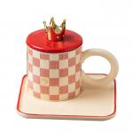 Elegant Ceramic Mugs With Golden Crown Accents Vibrant Checkered Patterns Red White For Luxurious Coffee / Tea Rituals for sale