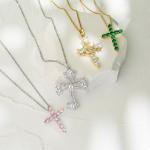 Zircon 24k Gold Plated Cross Pendant Necklace 925 Sterling Silver Crystal Choker for sale
