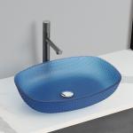 Acid Matt Blue Vessel Basin Sinks 540*395*110mm 1 Hole Glass Basin for sale