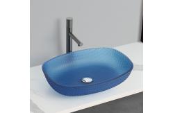 China Acid Matt Blue Vessel Basin Sinks 540*395*110mm 1 Hole Glass Basin supplier