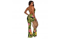 China Printed One Piece Deep V Jumpsuits Bandage Flare Backless Jumpsuit supplier