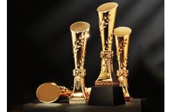 China Gold Plated Polyresin Trophy Cylinder Shape Year - End Bonus For Enterprise Staff supplier