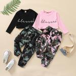 Children'S Outfit Sets Round Neck Letter Printing Top Camouflage Trousers Two Piece for sale
