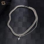Hip Hop Cuban Link Chain Necklace Titanium Steel Cross Pendant Double Layer
