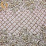 Nigerian Styles Gold Beaded Lace Fabric Handmade Tulle Embroidery 135cm Width for sale