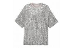 China Bulk Mens Sequin T Shirt , Polyeste  Back Zipper Metallic Silver T Shirt supplier