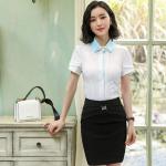 Short Sleeve Ladies Office Dresses / Summer Elegant Waist Tie Round Collar Women Business Dress for sale