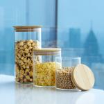 Eco-friendly High Borosilicate Food Airtight Kitchen Glass Storage Jars With Bamboo Wooden Lids for sale