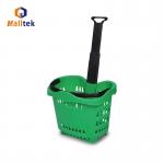 Green Supermarket Shopping Basket With Telescopic Aluminium Handle for sale