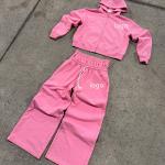Custom Logo Zip up Hoodie pink Double Waist Sweat Track Baggy Pant Acid Washed Hoodie Set Tracksuits for Men for sale