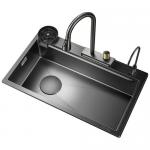 2024 Stainless Steel Kitchen Sink With 2 Piano Key Led Waterfall Faucet Large Single Slot Bionic Honeycomb Black Wash Ba for sale