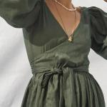 Puff Sleeve Casual Long Dress Anti Wrinkle V Collar Asymmetric Plain Dyed for sale