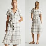 Summer Clothing Women V Neck Midi Checked Linen Dress for sale
