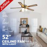 Cooling 1stshine Ceiling Fan with 3 Lights 52 Inch Remote Control AC Motor 5 MDF Blades 2- for sale