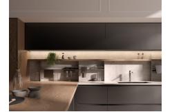 China T Shaped Classic Wood Kitchen Cabinets Tailored Kitchen Set With Dining Bar supplier