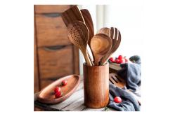 China 8Pcs Nonstick Teak Wood Spoons Spatula With Holder Wooden Kitchen Utensil Set supplier