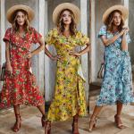 Printed Ladies Maxi Dress Polyester S Xl Short Sleeve Party Casual V Neck for sale