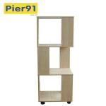 Economic Home Wooden Book Rack Three Panels Hollow Design With 4 Wheels for sale