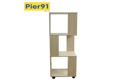 China Economic Home Wooden Book Rack Three Panels Hollow Design With 4 Wheels supplier